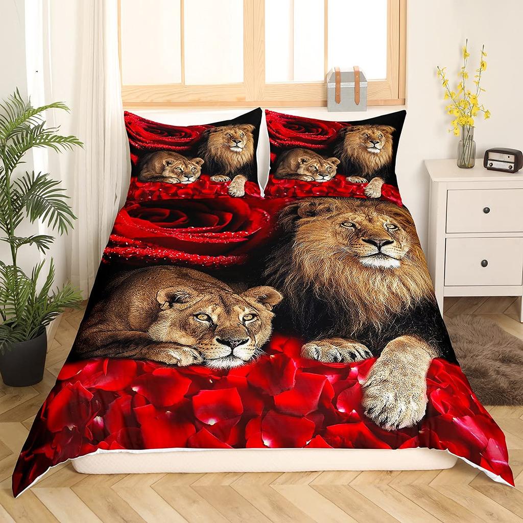 Lion Rose Duvet Cover Sets King Size Animal Floral Print Polyester Comforter Cover Nature Theme Bedding Set for Kids Adult Teens