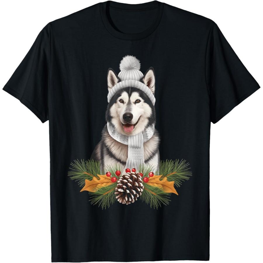 Футболка с рождественской тематикой и изображением аляскинского маламута