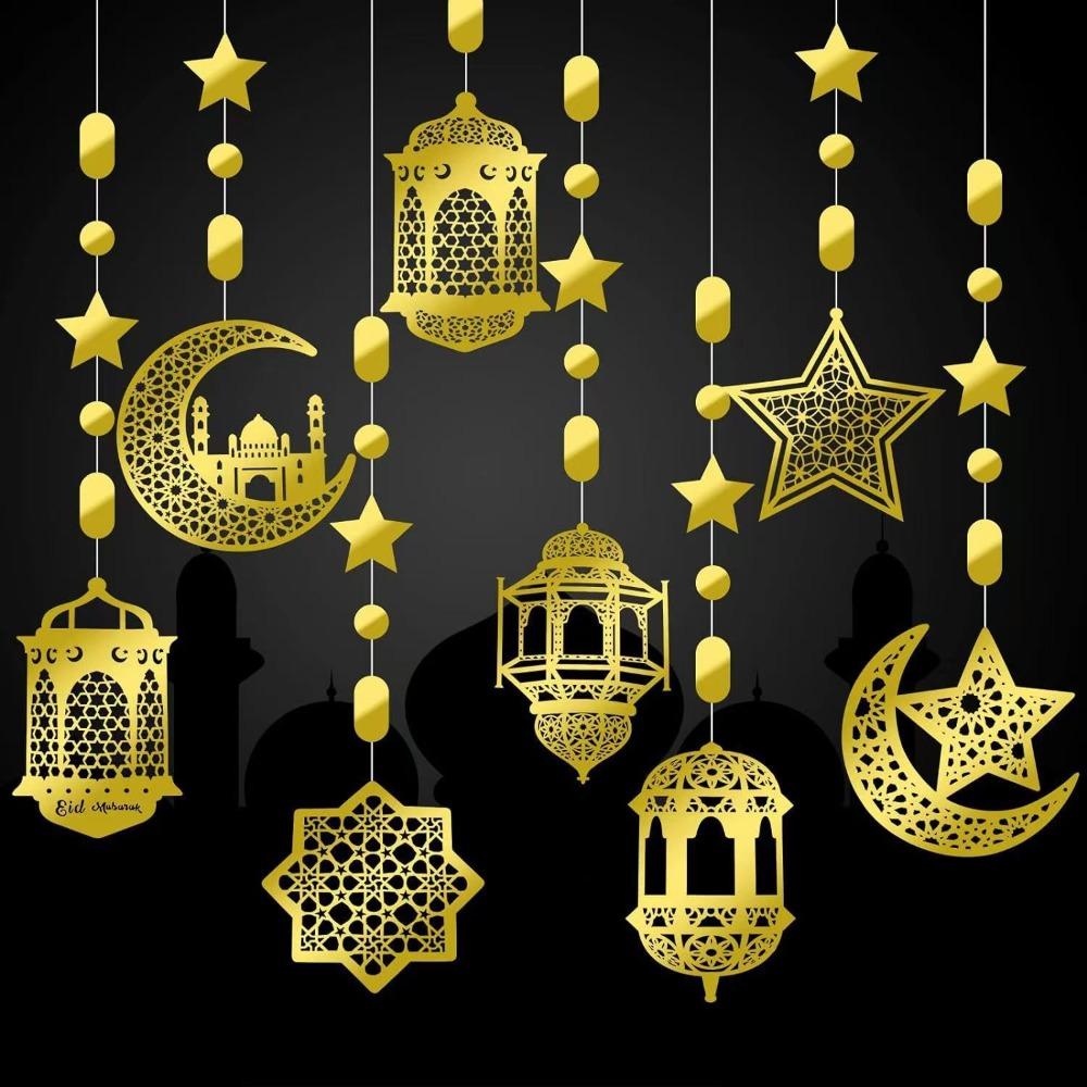 8Pcs Paper Garland Hanging Banner Pendant Star Moon Design Eid Mubarak Banner Home Decor