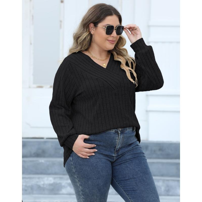 Women's Casual Autumn and Winter Big Size Striped V-neck Cross Bottoming Pullover Jumper