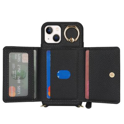 Для iPhone 13 mini Чехол Кармашек для карт Карман на молнии Кожа+ТПУ Держатель-кольцо Чехол для телефона с длинным ремешком
