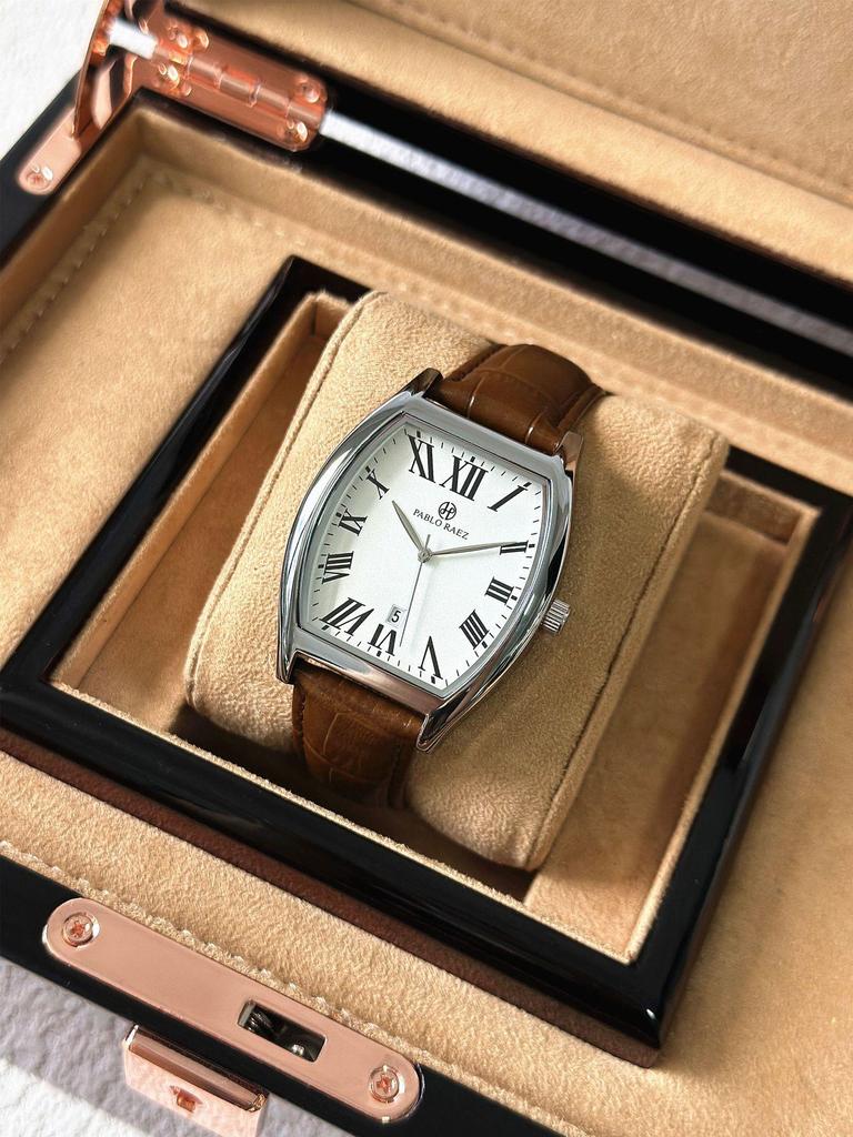 Pablo Raez Barrel Watch: Waterproof Leather Strap, Calendar, Casual Men's Style.