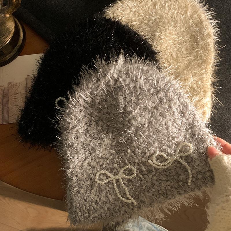 Осень и зима, новая шапка с рукавами, женская плюшевая жемчужная вязаная шапка с бантом, мягкая липкая вязаная шапка