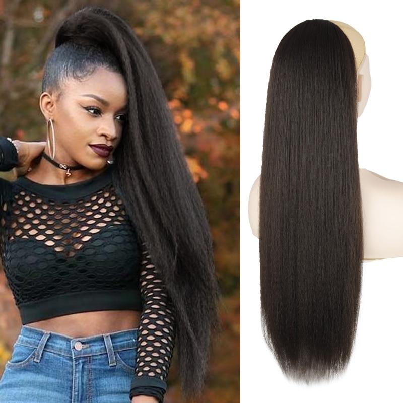 XINRAN Afro Kinky Straight Yaki Synthetic Ponytail Hairpieces With Elastic Band Comb Drawstring Ponytail Hair Extension Clip
