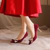 Fashion Sexy Red Velvet Wedding Shoes for Women 2024 Luxury Pearl Bowknot Pointed Toe Pumps Woman Stiletto High Heels Dress Shoes