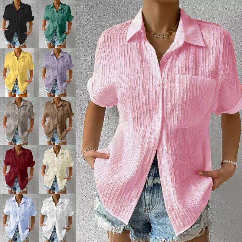 Summer Women's Casual Shirt Solid Color Lapel Button Short Sleeve Tunic Shirt Business Casual Work Shirt Office Femininity Top