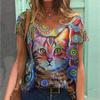 Summer V-neck 3D Cat Printed Top Fashionable Casual Short Sleeved Women's T-shirts