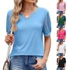 Spring and Summer Women's Solid Colour V-Neck Lace Splicing Short Sleeve Loose T-Shirt
