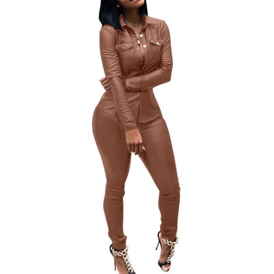 Женская повседневная однотонная рубашка из искусственной кожи с отложным воротником и брюки, комплект из двух предметов