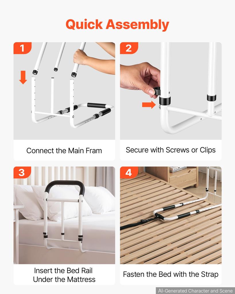 VEVOR Bed Rail for Elderly Adults 90.7kg Loading Bed Side Assist Rail, High-Strength Steel Bedside Cane for Seniors