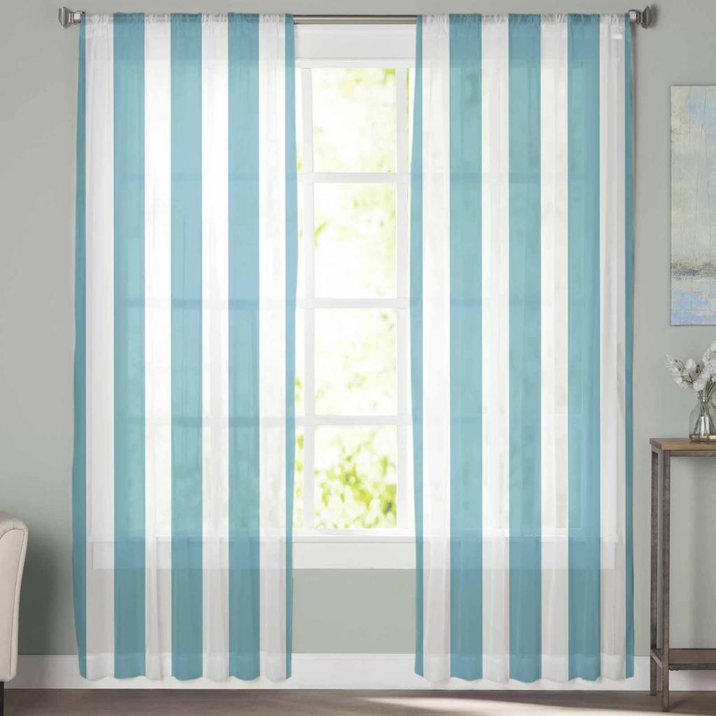 Полосатые бирюзовые прозрачные шторы Современная марлевая занавеска для гостиной спальни Тюлевые шторы