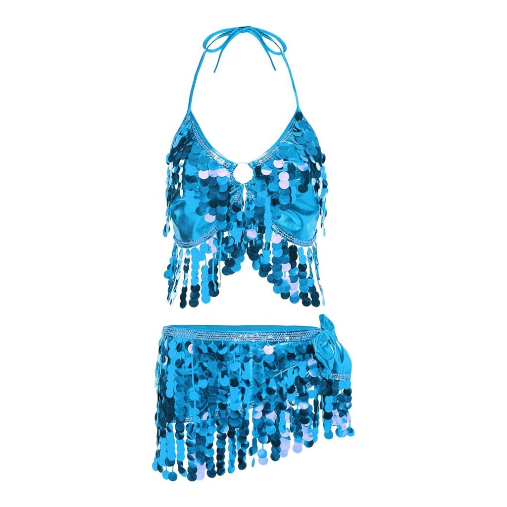 2 Pieces, Bra With Sequined Tassels, Fringed Top, Belly Dance Skirt, Carnival, Club, Costumes