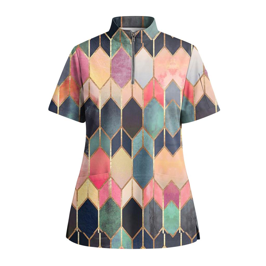 Женская футболка с коротким рукавом, принтом, V-образным вырезом, застегивающаяся на пуговицы, с боковым разрезом