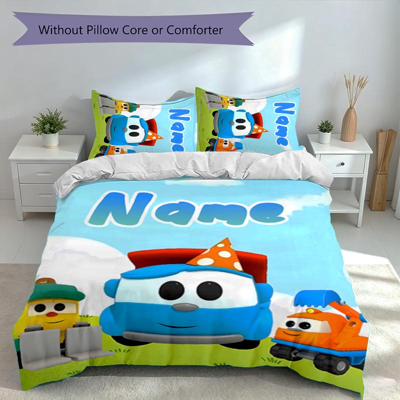 3pcs Custom Name Leo the Truck Set,Includes 1 Duvet Cover and 2 Pillowcases,All-season Bedroom Decor