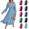 Women's Casual Solid Color Square Neck Flared Sleeves, Large Swing Ruffle Edge Long Skirt Dress