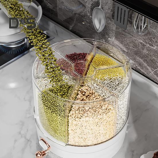Вращающийся на 360 градусов дозатор хлопьев, контейнер для риса с крышкой, большая вместимость, несколько отсеков, органайзер для хранения зерна