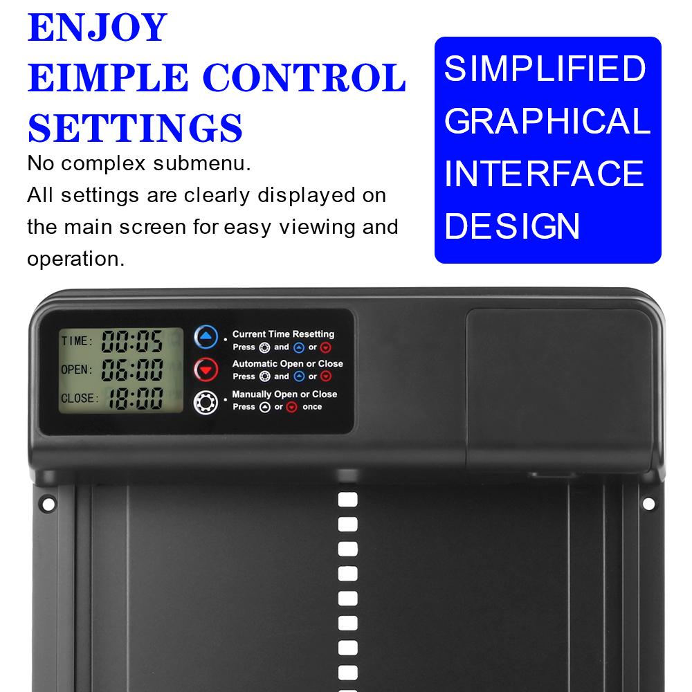 Раздвижная дверь Защитные ворота Товары для мелких домашних животных Функция защиты от защемления Контролируемое открытие Автоматическая дверь курятника ЖК-дисплей первого поколения