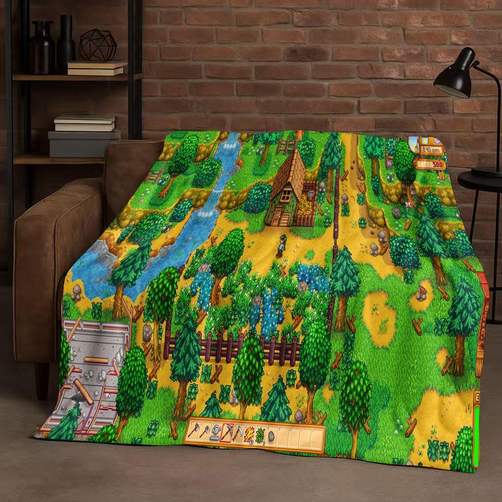 Retro Stardew Valley Farm Map Pixel Game Flannel Blanket,Ultra Soft Warm Plush Throw for Home Bedroom Bed Sofa Cover Kids Gift