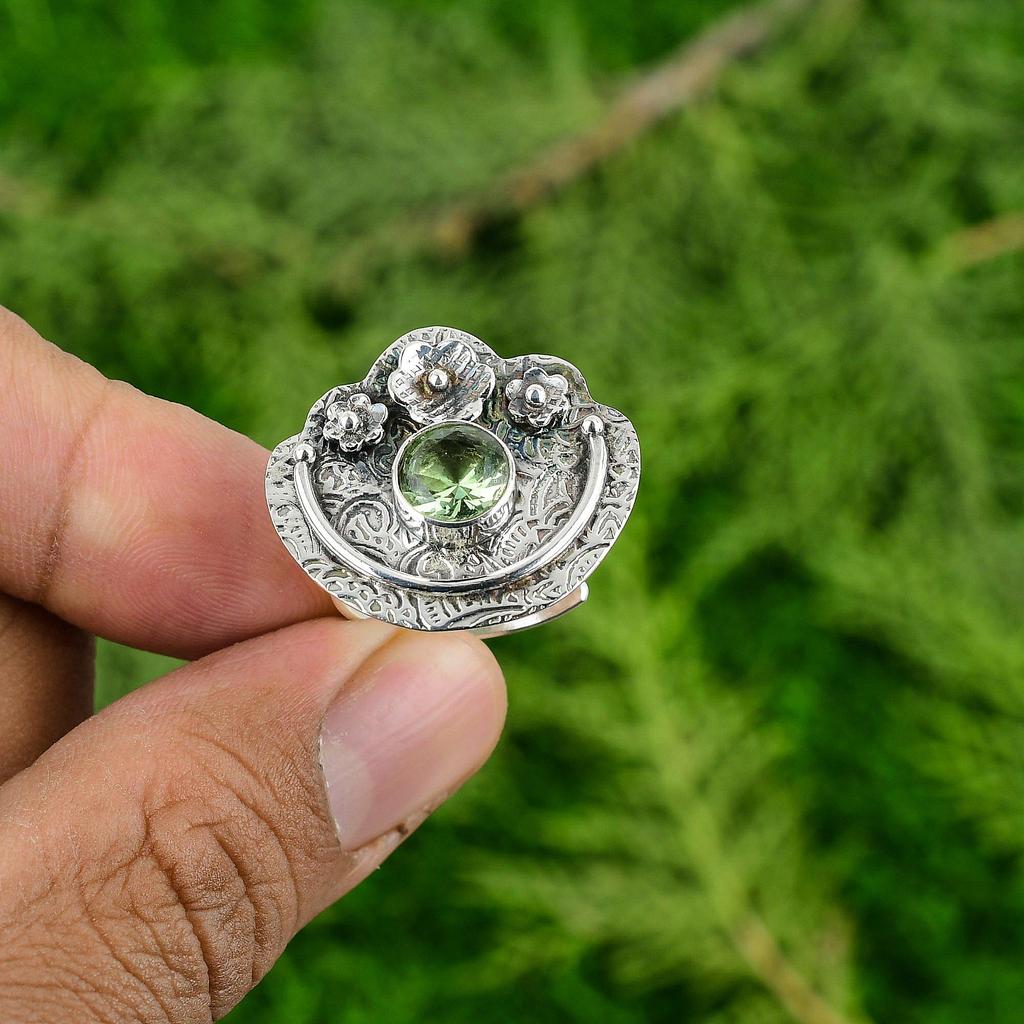 925 Silver Round Green Amethyst Stone Solitaire Art Deco Flower New Ring Jewelry