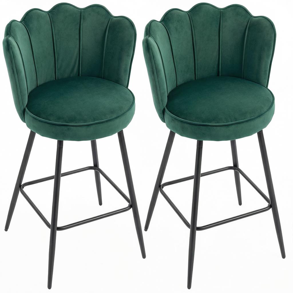 Set of 2 Bar Stools, Bar Chairs with Backrest and Footrest, Steel Legs, 54 x 55 x 97 cm, Dark Green