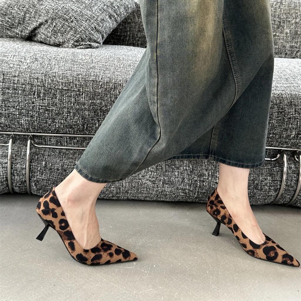 Office Footwear Leopard Print Women Pumps Heeled Shoes Fashion Pointed Toe Ladies Low Heel Shoes Career Female Slides Sandals