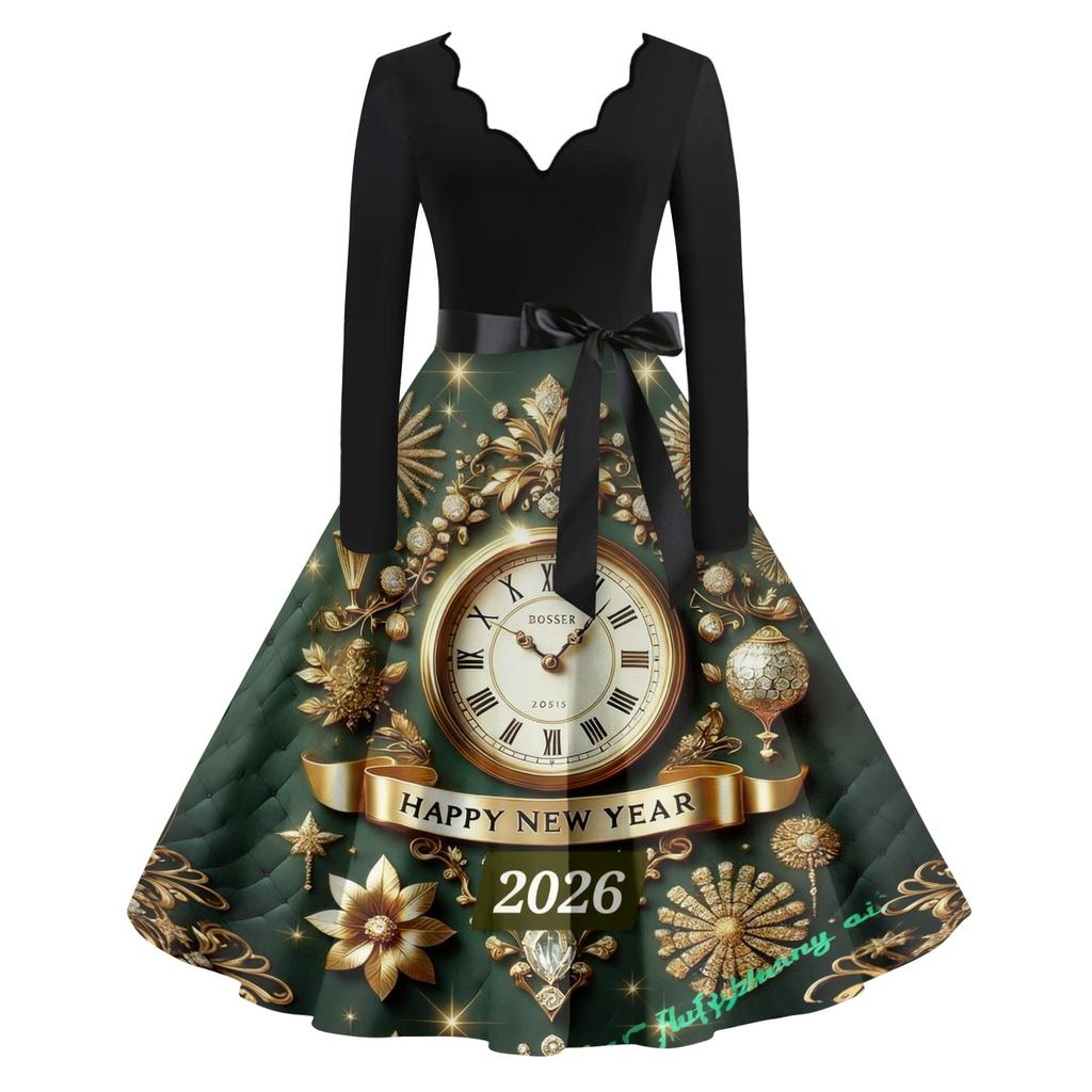 Женское повседневное модное платье винтажного стиля с V-образным вырезом и новогодним принтом