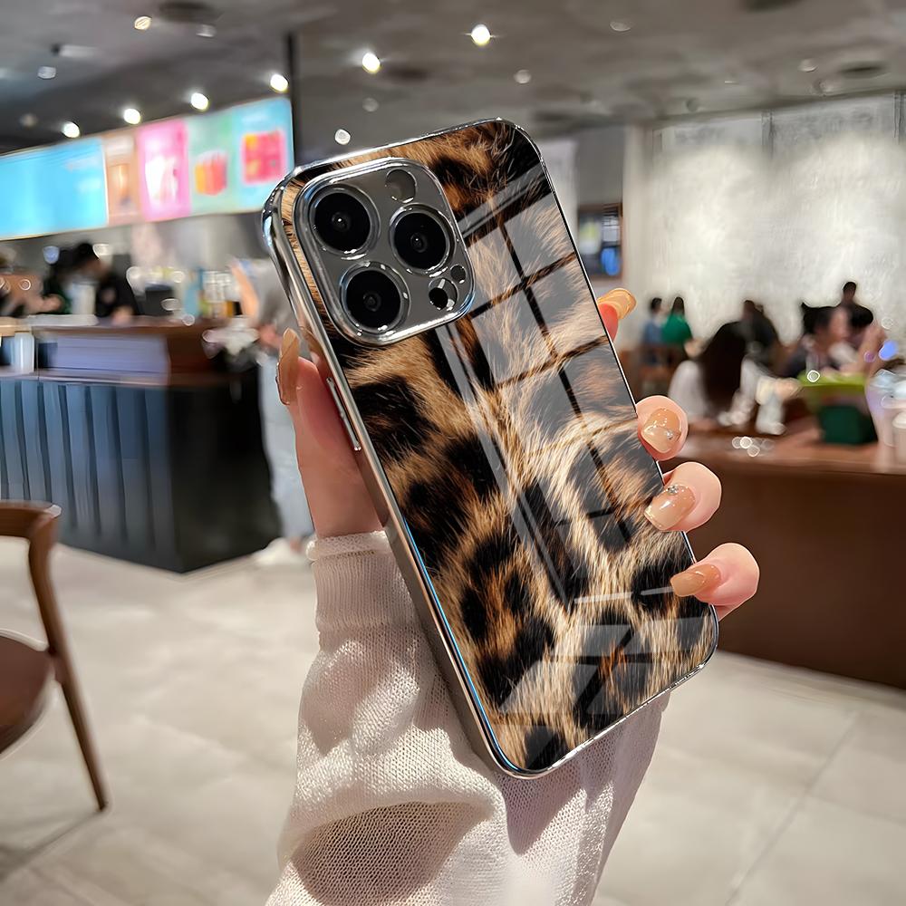 Роскошный чехол для телефона с леопардовым принтом для IPhone 17 Pro Max 15 Pro 16 14 Plus 12 13 Mini 11 Pro Ударопрочный гальванизированный стеклянный чехол