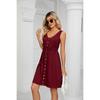 Solid Color Sleeveless Waist-tied Dress, Button Pocket Crew Neck Split Midi Dress, Spring Summer Casual Dress for Women Europe America Cross Border