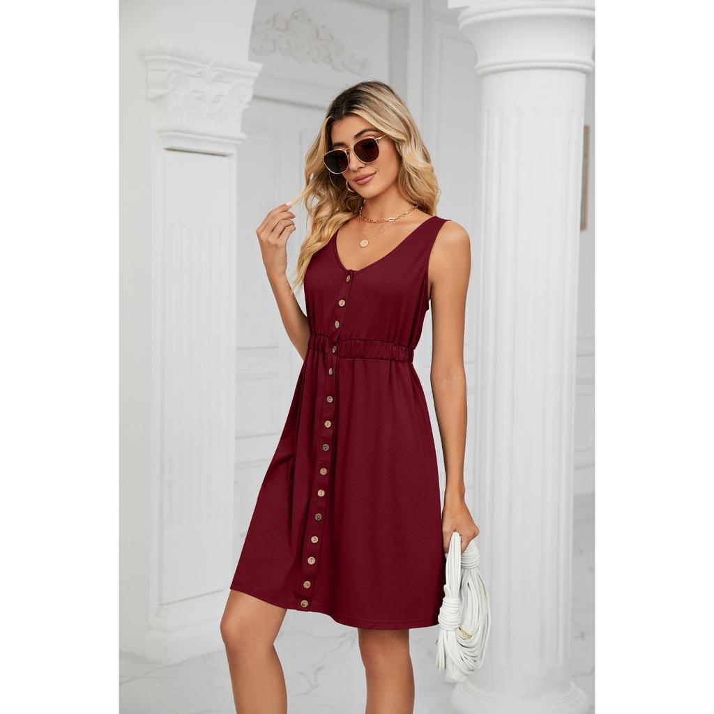 Solid Color Sleeveless Waist-tied Dress, Button Pocket Crew Neck Split Midi Dress, Spring Summer Casual Dress for Women Europe America Cross Border