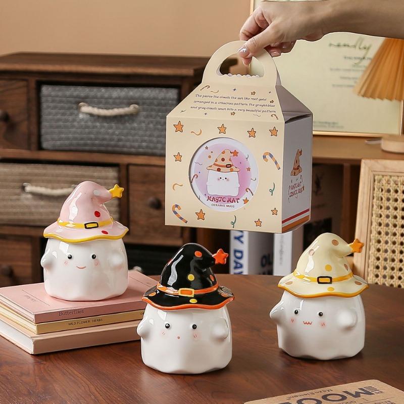 Кружка с милой крышкой, сувенирная кружка для воды, креативный подарок на день рождения для девочки, мультяшное привидение, керамическая кружка