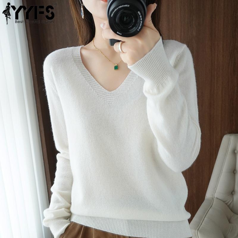 YYFS Women's Fashion Casual Fall Winter Solid Color Print Long Sleeve V Neck Tops Women's Clothing Woolen Knitwear Sweaters