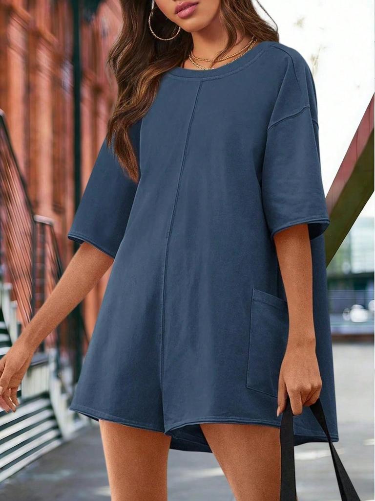 Women's Athletic Romper Short Sleeve Oversized Summer Jumpsuit with Pockets