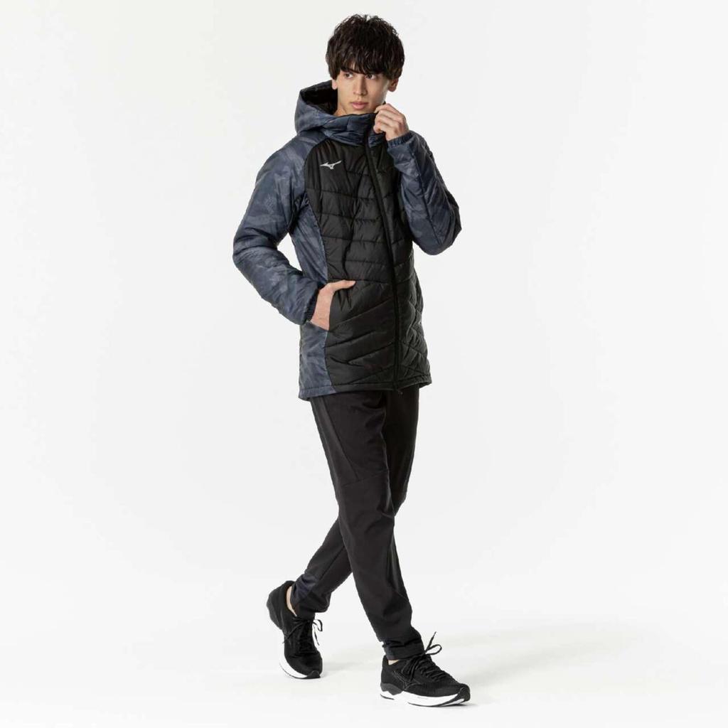 Mizuno Techfill Breath Thermo Training Black Coat, Mid-Length, Water-Repellent, Moisture-Wicking, Heat-Retaining, Washable, Windproof, 32MEB536,