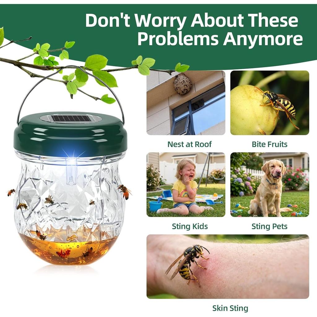 2026 Upgraded Solar Wasp Trap, 4 Pack Hanging Hornet Bee Catcher with LED Light, Reusable Yellow Jacket Trap