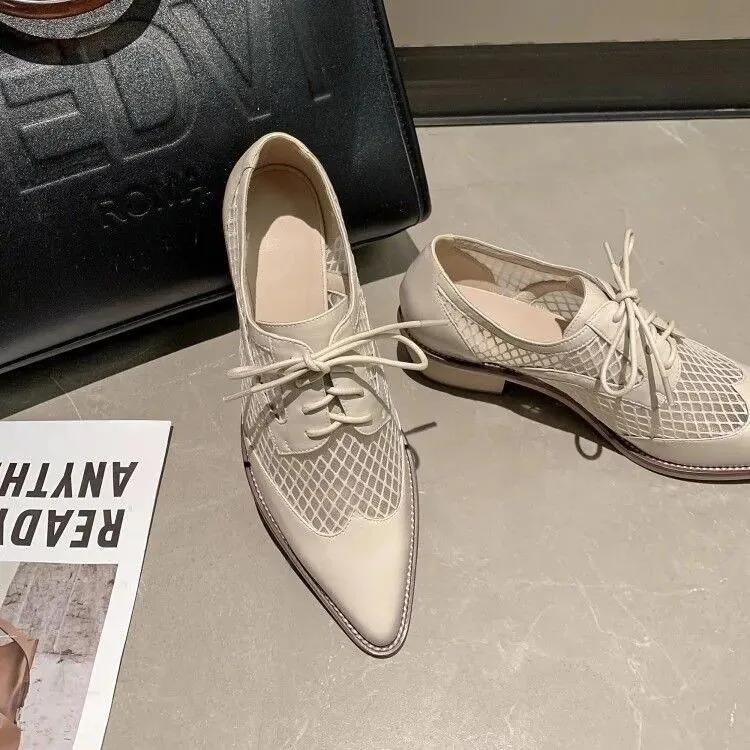 2024 Genuine Cow Leather Oxfords Women Shoes Lace-Up Ladies Brogue Flat Derby Shoes Pointed Toe Lace-up Heels Women Shoes for Women