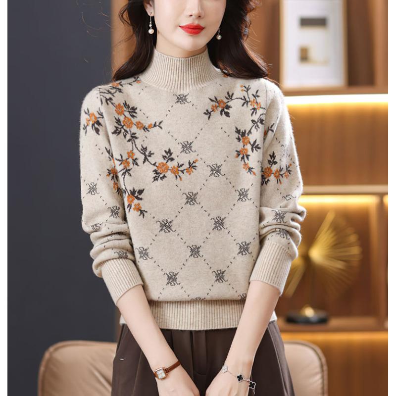 Autumn Winter Women's High Neck Knit Sweater Pullover Long Sleeve Knit Large Size Loose Knit Top