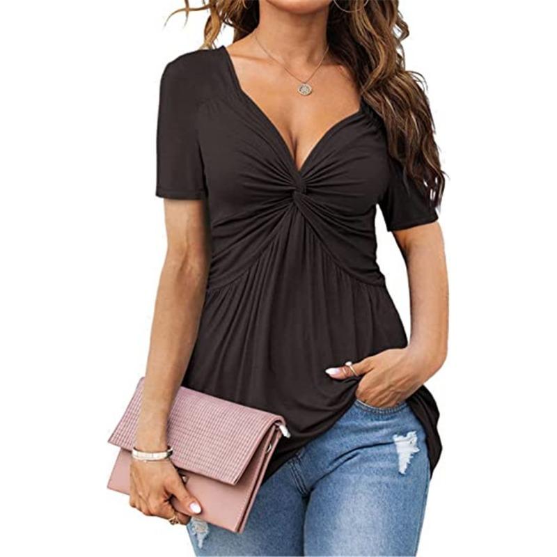 Women's V-neck Front Twisted Shirt Short Sleeved Elegant Casual T-shirt Solid Color Pullover Top Shirt