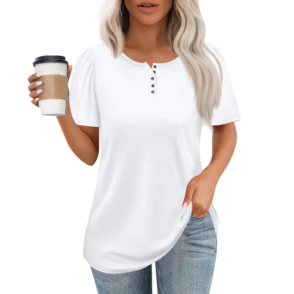 Women's Fashionable Casual Short Sleeve Button Print Round Neck Pullover Top