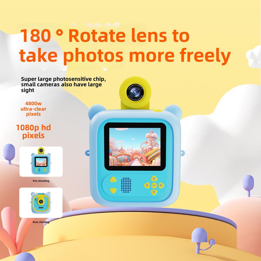 Новая детская камера для печати фотографий печатает фотографии на термобумаге во времени, мультяшный откидной объектив, многоцветная печатная бумага, видео высокого разрешения