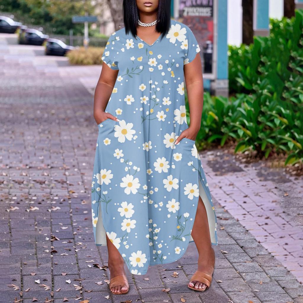 Женское платье макси с цветочным принтом, летнее повседневное платье с коротким рукавом, сарафан с V-образным вырезом, длинные платья с карманами, пляжный отдых