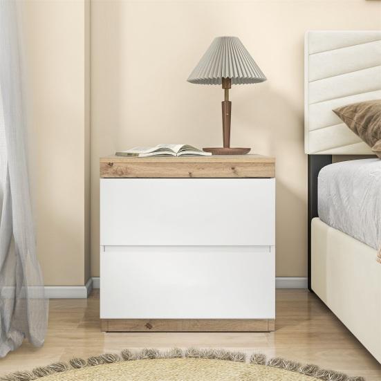 Wood Grain Nightstand with 2 Drawers Spacious Desktop Strong Load-bearing Small Side Table Nightstand Bedroom