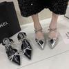 Baotou Slippers Women's Rhinestone Bow Pointed Head Wear Half Drag 2025 Spring New Sexy Thin Heel High Heel Slippers
