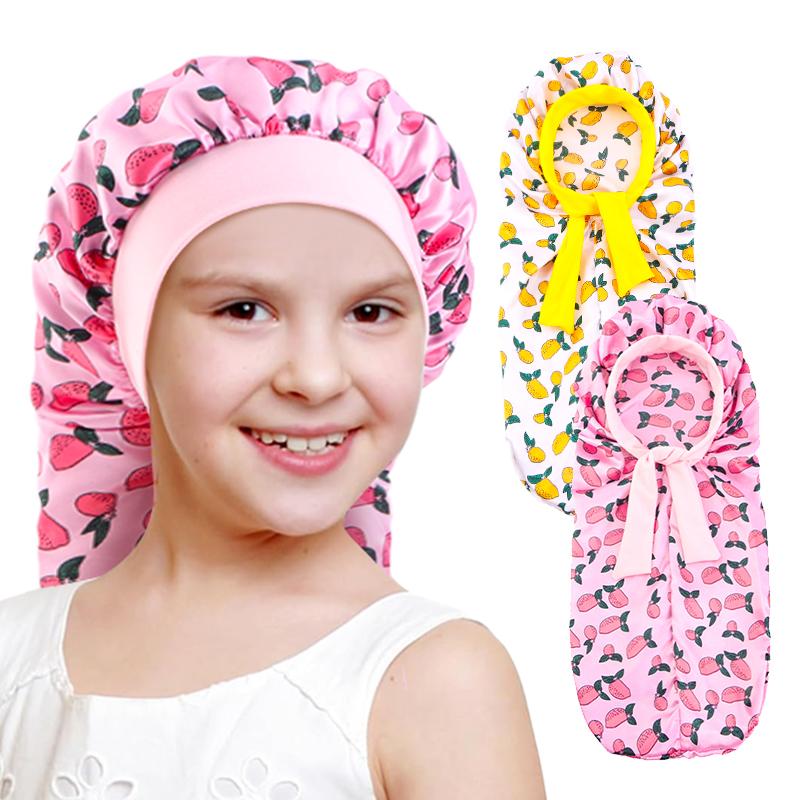 2PCS/LOT Kids Long Bonnet Night Sleep Hat Cartoon Print Elastic Shower Bath Cap Children Boys Girls Hair Care Headwrap