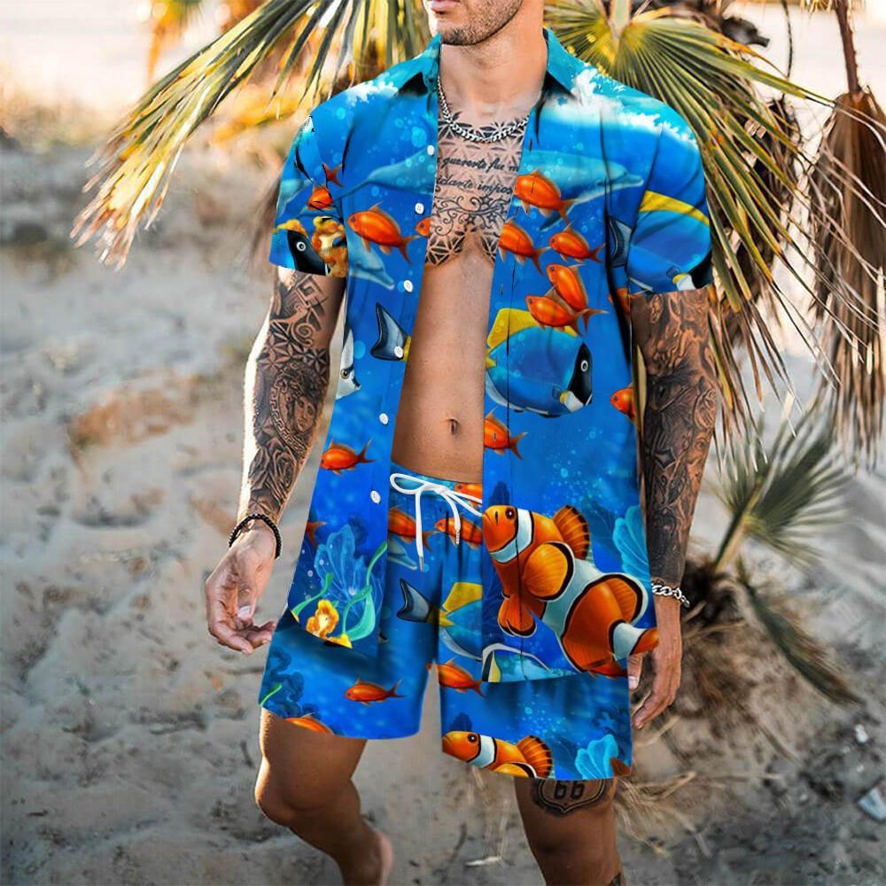 Пляжный гавайский комплект с принтом, мужские шорты, 3D-принт, свободная повседневная пляжная рубашка с короткими рукавами, модный праздничный комплект из двух предметов