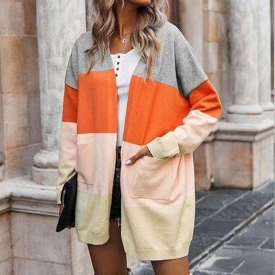 Женский длинный вязаный свитер в полоску в стиле пэчворк осень/зима