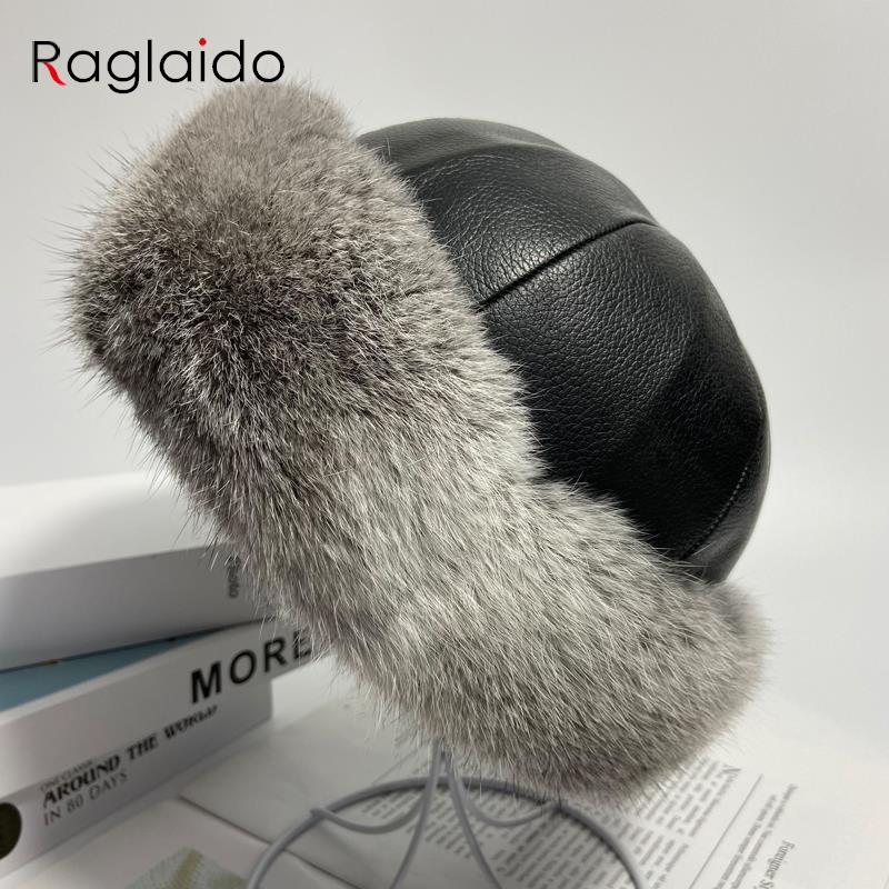 Bunny Hat Women Winter Fluffy Warm Rabbit Fur Beanie Hat Men Women Leather Caps   Fur Outdoor Snow Hat
