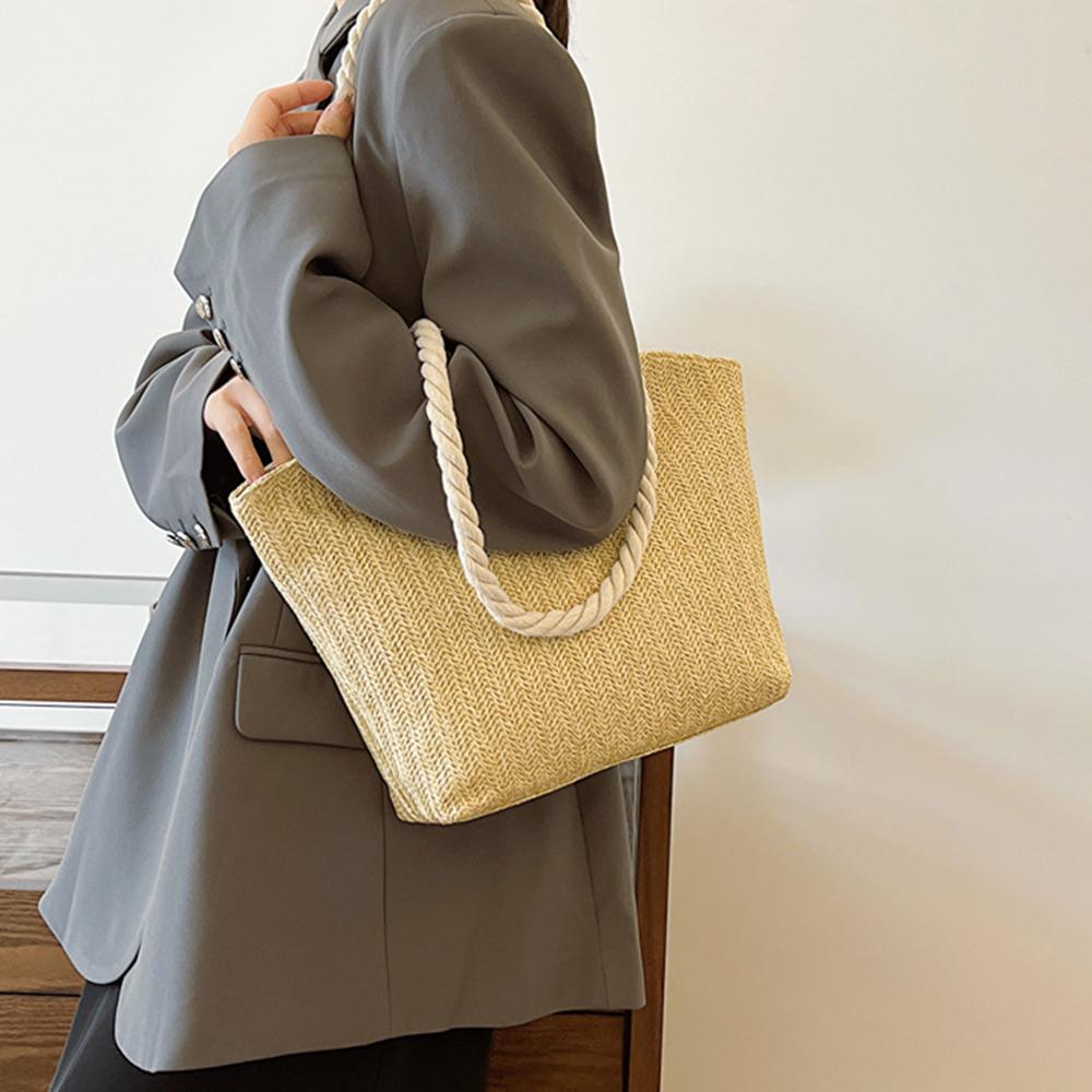 Solid Color Beach Handbag Bohemian Underarm Shoulder Bag Elegant Straw Tote Bag  Summer
