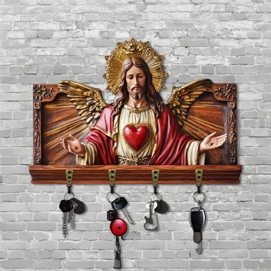 Wall Mount Key Holder Wooden Carving Jesus Themed Key Organizer Multi-purpose Home Office Entryway