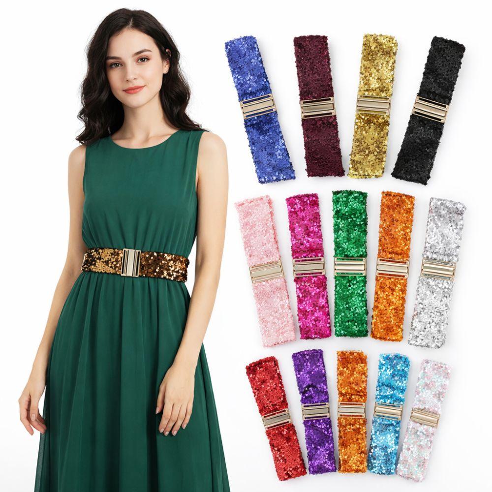 Gold Buckle Disc Elastic Sequin Stretch Belt 60cm Women's Belt Fashion Shinny Waistband Dresses