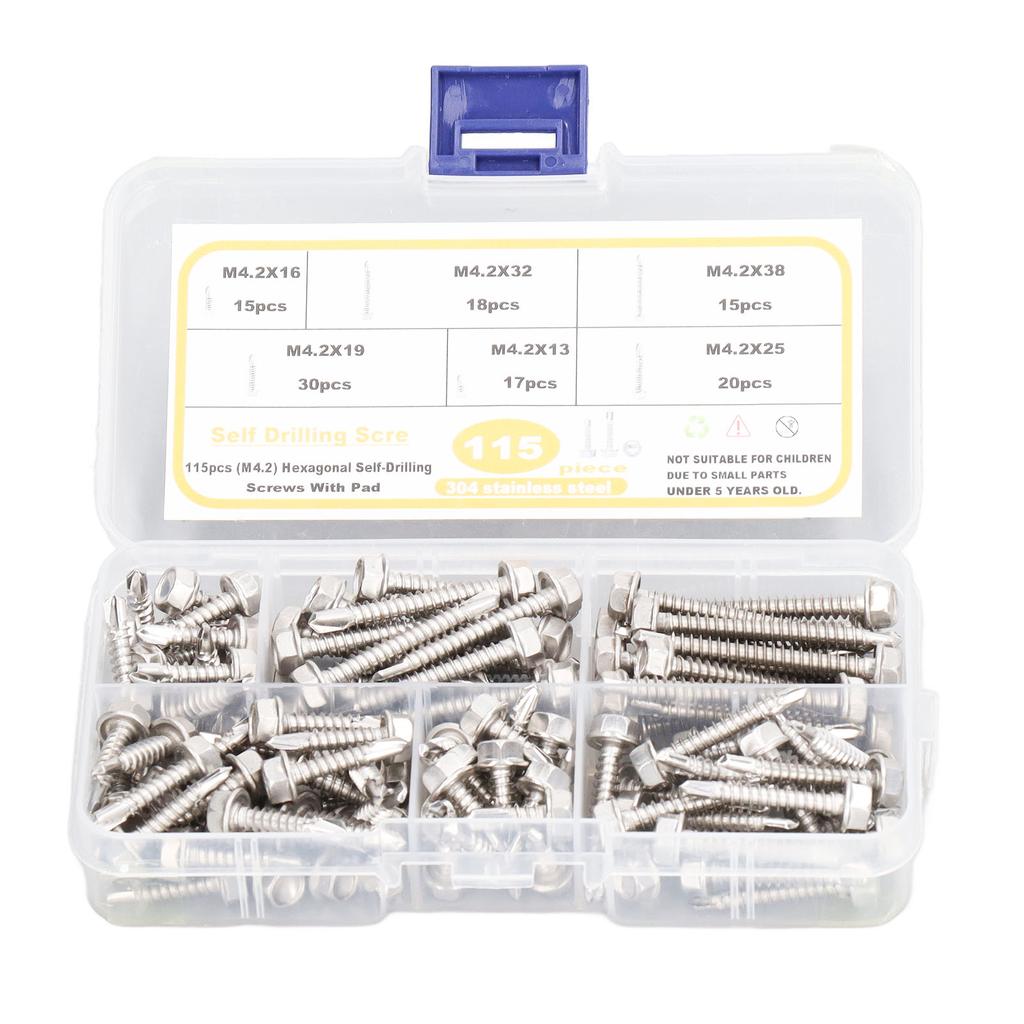 115 шт. Шестигранный самосверлящий винт M4.2 из нержавеющей стали 304 высокой твердости с шайбой для гаража